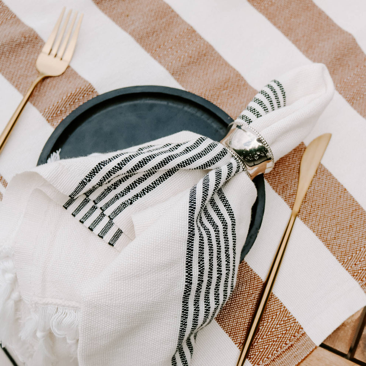 Turkish Cotton & Bamboo Hand Towel, Multi Black Stripes