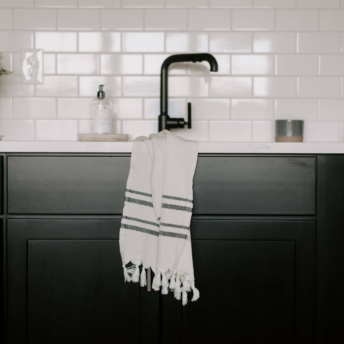 Turkish Cotton & Bamboo Hand Towel, Double Black Stripes