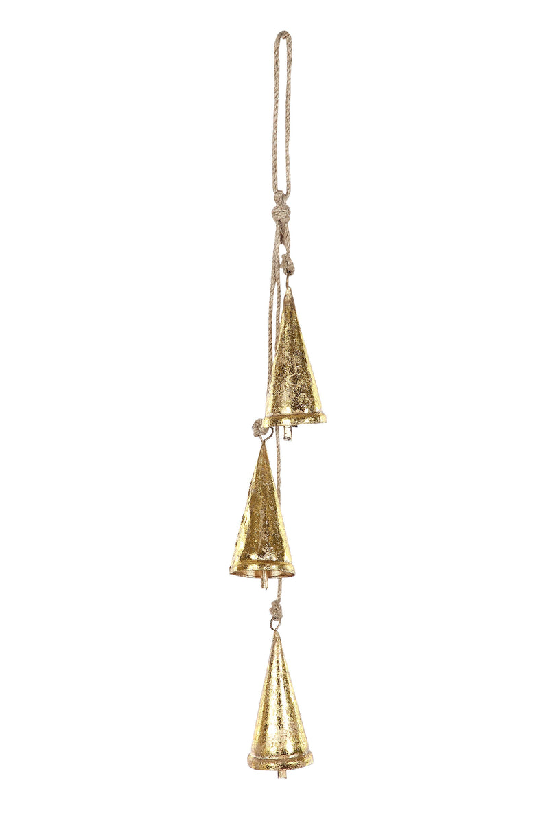 Gold bells on a jute rope. Triangular chimes hanging on a jute rope using upcycled materials.