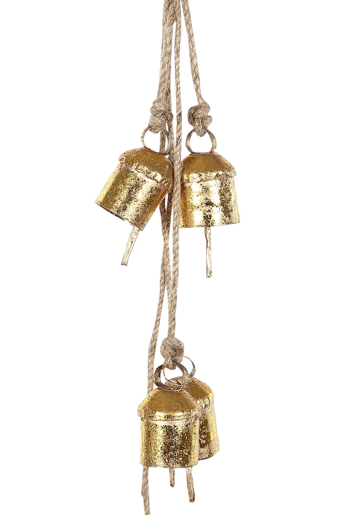 Brass bells on a jute string. Perfect for year round accessorizing or for holiday charm.